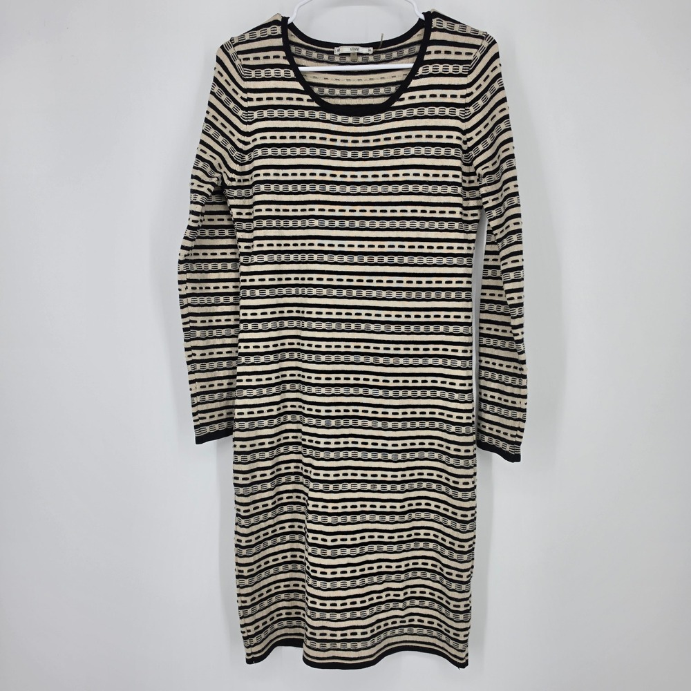 Sioni Sweater Dress Medium Black Cream Striped Geometric Mod Chic Long Sleeve